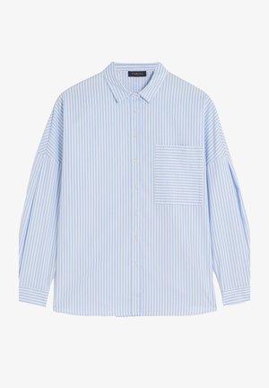 Hellblau und weiß gestreiftes Langarmhemd mit Button-Down-Kragen, das eine aufgesetzte Tasche auf der linken Brust und einen lockeren Schnitt aufweist.