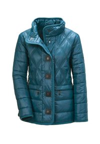 Türkiser gesteppte Jacke mit hohem Kragen, ausgestattet mit vier schwarzen Druckknöpfen, Seitentaschen und einer strukturierten, glänzenden Oberfläche.