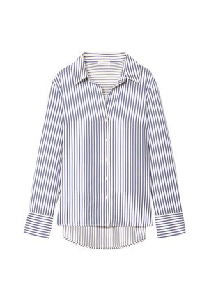 Chemise à rayures avec des rayures verticales bleues et crème, un col, des manches longues avec des poignets contrastés et un ourlet arrondi.