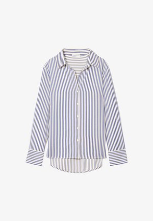 Chemise à rayures avec des rayures verticales bleues et crème, un col, des manches longues avec des poignets contrastés et un ourlet arrondi.