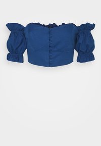 Top azzurro corto con maniche a sbuffo off-shoulder, due chiusure frontali a bottone e un tessuto dalla superficie liscia.