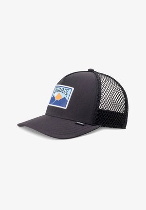 Black mesh-back baseball cap with curved brim and a front patch featuring stylized mountains, sun, and the word "DJINNS."