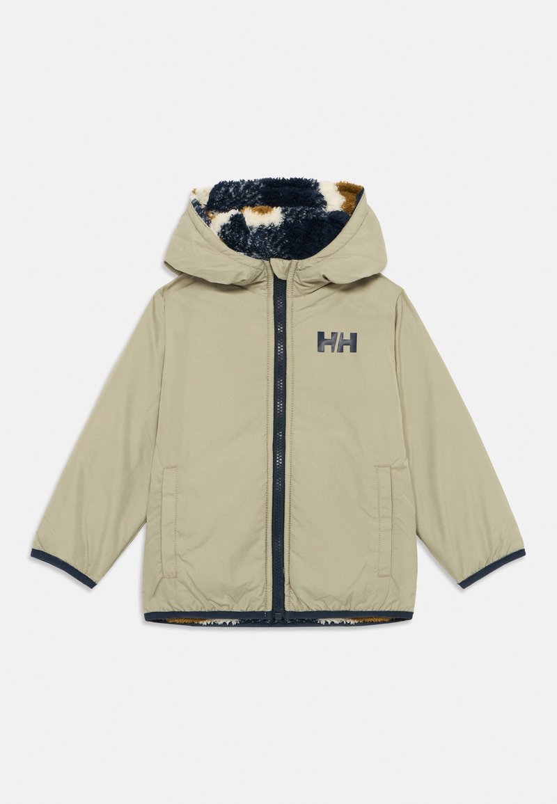 Veste à capuche beige zippée avec doublure polaire à motifs et logo HH sur la poitrine, manches longues et poches avant.