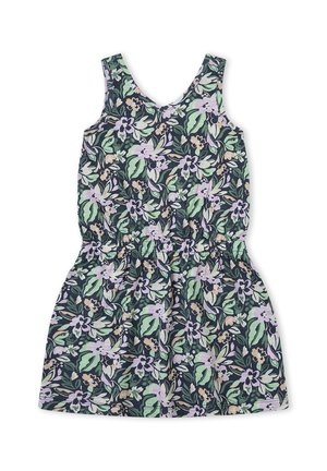 Vestido sin mangas con estampado floral en verde, púrpura y beige con hojas y flores sobre un fondo oscuro, con cintura elástica.