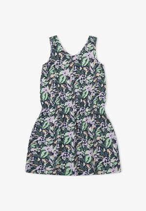 Vestido sin mangas con estampado floral en verde, púrpura y beige con hojas y flores sobre un fondo oscuro, con cintura elástica.