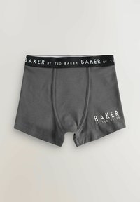 Sive bokserice s crnim elastičnim pojasom, s bijelim brending tekstom "BAKER by TED BAKER". Glatka, rastezljiva tkanina.