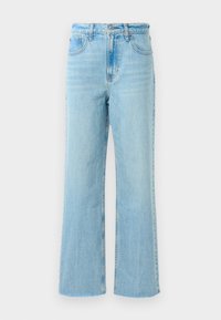 Lys blå denimbukser med rett ben-design, med høy midje, kontraststing og en lett falmet tekstur.