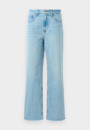 Jeans in denim azzurro chiaro con una vestibilità a gamba dritta, caratterizzati da una vita alta, cuciture a contrasto e una leggera texture sbiadita.