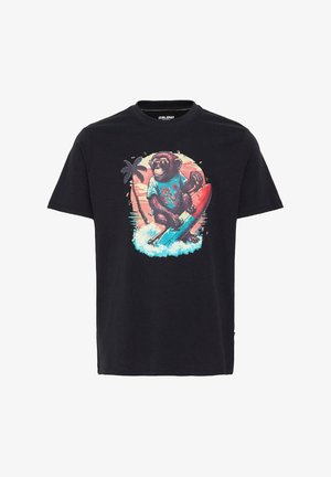 T-shirt noir en coton avec un graphique coloré d'un singe portant des lunettes de soleil, assis sur une planche de surf, avec des palmiers et des vagues en arrière-plan.