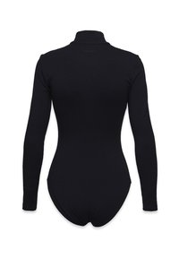 Čierny dlhý rukáv priliehavý tregerek s vysokým golierom, zobrazený zozadu na bielom pozadí.