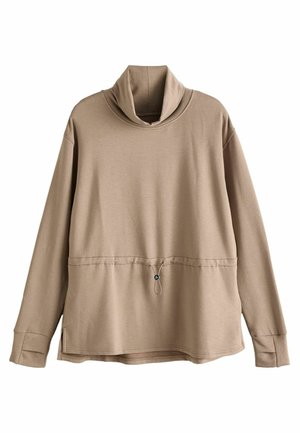 Beige langærmet top med en høj, foldet krave, der har en snøre i livet, sideslids og en blød, glat tekstur.