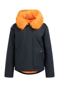 Giacca nera con colletto in eco-pelliccia arancione e fodera arancione. Presenta due tasche laterali e chiusura con zip. Tessuto esterno liscio.