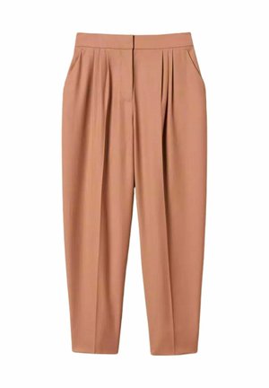 Pantaloni a vita alta a gamba stretta in marrone chiaro con pieghe davanti, tasche laterali e chiusura frontale nascosta.