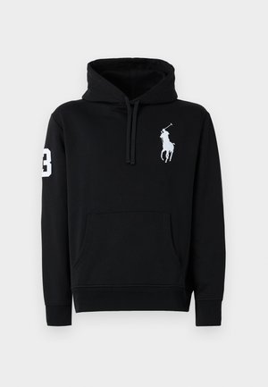 Zwarte hoodie van katoen, met een voorkantzak, trekkoordcapuchon en een witte polo spelerlogo met het nummer 3 op de mouw.
