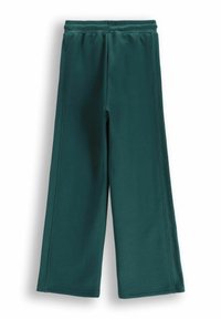 Zielone dresy z elastycznym pasem, szeroką nogawką i detalami w postaci przeszyć po bokach. Miękka tkanina o gładkiej fakturze i luźnym kroju.