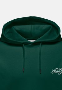 Dark green hoodie with drawstrings and white cursive text "Lo Fi Lounge" on the chest, showing the hood and upper chest area.