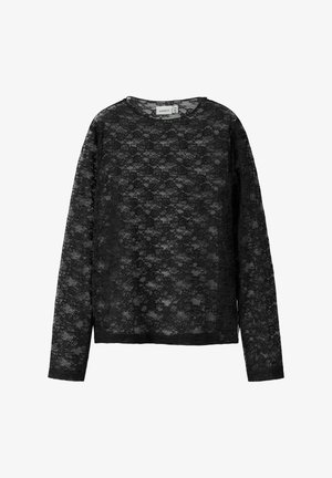 Top en dentelle noire à manches longues avec un motif floral, col rond et coupe décontractée. Texture transparente avec une finition douce et délicate.