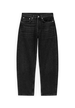 Black denim jeans with a straight cut, five pockets, and silver hardware. The fabric shows subtle texture and a clean finish.