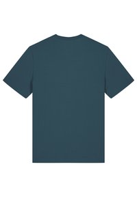Donker teal T-shirt met korte mouwen en een ronde hals, gemaakt van een gladde stof. Heeft een effen achterkant en geen zichtbare patronen of accenten.