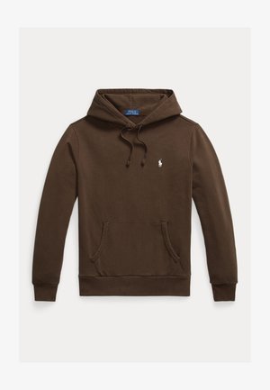 Brown hoodie with a kangaroo pocket, drawstrings, and a small white embroidered logo. Soft fabric with ribbed cuffs and hem.