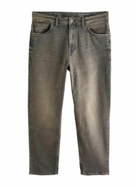 Jean gris délavé à la coupe détendue et fuselée, avec bouton devant, passants de ceinture et cinq poches.