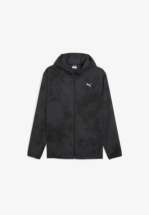 Black hooded jacket made of lightweight fabric, featuring a subtle textured pattern and a white logo on the left chest. Full zip closure.