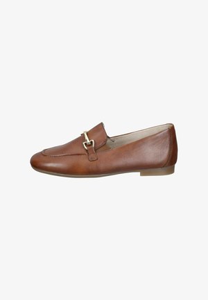 Brown leather slip-on loafer with gold metal horsebit detail and low flat heel, side view on white background.