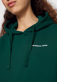 Sudadera con capucha verde hecha de algodón, con bolsillo tipo canguro, cordones y el logo "COLOURFUL REBEL" en blanco en la zona del pecho.