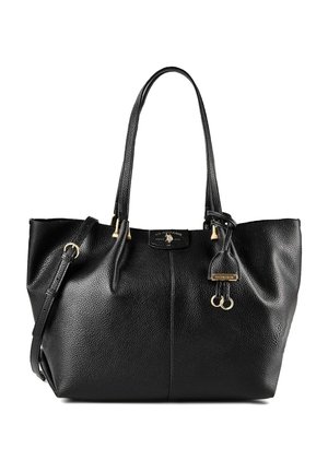 Schwarze Handtasche aus strukturiertem Leder mit doppelten Schulterriemen, goldfarbenen Beschlägen und einem kleinen, angebrachtem Anhänger mit Markennamen.