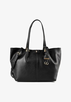 Bolso tote de cuero negro texturizado con doble asa para hombro, herrajes en tono dorado y una pequeña etiqueta adjunta con el nombre de la marca.