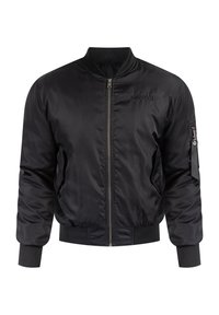 Giacca bomber nera in nylon lucido, con zip frontale, polsini a coste, tasche laterali e tasca con zip sulla manica.