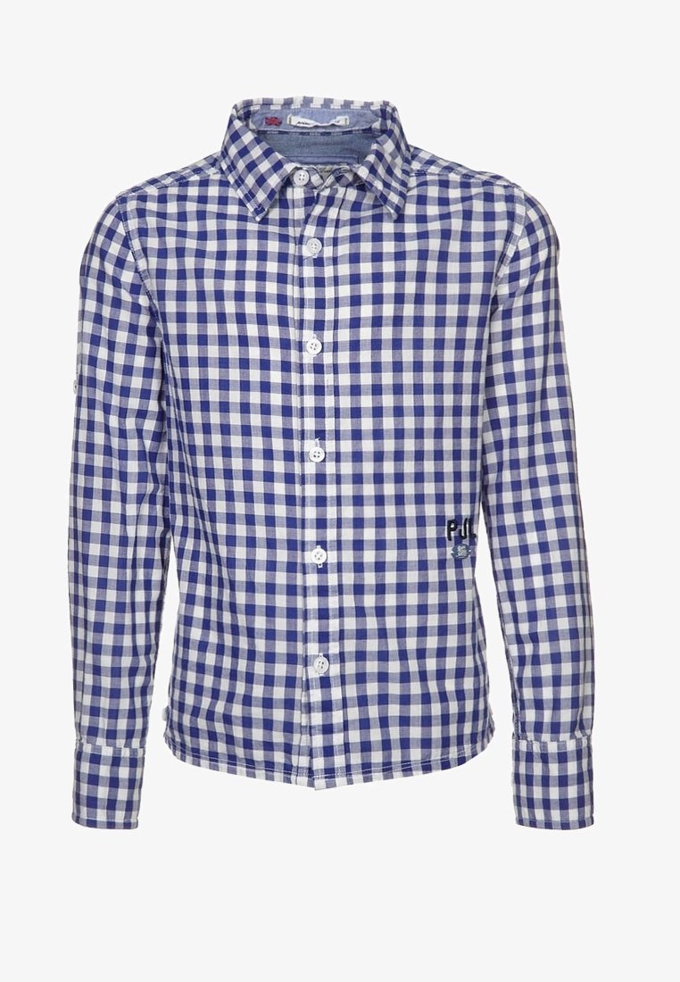 Niebiesko-biała koszula w kratę z długim rękawem, wykonana z bawełny, z kołnierzykiem w szpic, sześcioma guzikami i małym haftowanym logo z boku.