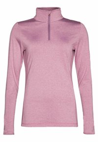 Pitkähihaista vaaleanpunaista urheilu toppia, jossa on puolivetoketju kauluksessa, valmistettu kevyestä kankaasta, jossa on hienovarainen heather rakenteinen pinta ja istuva malli.
