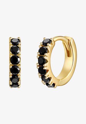 Pendientes de aro de oro con piedras preciosas circulares negras dispuestas en la parte delantera, con un acabado liso y pulido y un cierre seguro.