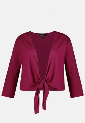 Burgundský zkrácený kardigan s dlouhými rukávy, zavazováním vpředu a měkkou jersey tkaninou. Obsahuje široký výstřih a jednoduchý design.