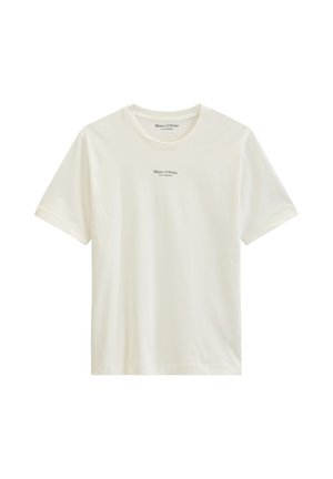 Elfenbeinfarbenes T-Shirt mit kurzen Ärmeln und Rundhalsausschnitt, mit kleinem "Marc O'Polo"-Logo auf der Brustmitte und an der Innenseite des Halsausschnitts bedruckt.