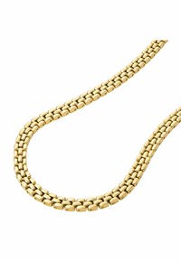 Goldfarbener Halsreif mit ineinandergreifenden rechteckigen Gliedern mit einer glatten Oberfläche, die ein flexibles, flaches Design schaffen.