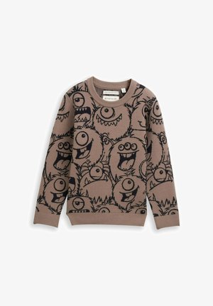 Brauner Strickpullover mit einem Muster aus schwarzen Cartoon-Monstern, die verschiedene Gesichtsausdrücke und Details aufweisen, darunter große Augen und Münder.