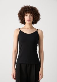 Black sleeveless top with a V-neck design. Made from a soft fabric. Features thin straps and a smooth texture.