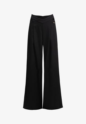 Pantalon noir à jambes larges avec une taille haute croisée, dotée de plis à l'avant et d'un détail de marque subtil. Tissu à texture lisse.