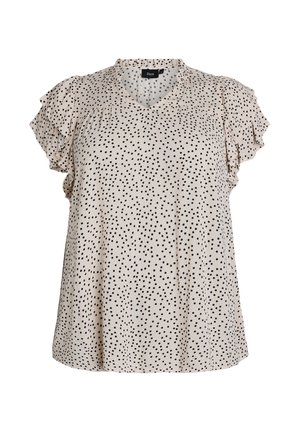 Blusa sin mangas beige con lunares negros dispersos y hombros con volantes, escote en V y ajuste suelto.
