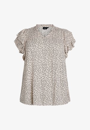 Béžová blúzka bez rukávov s čiernymi roztrúsenými bodkami a volánikmi na ramenách, výstrih do V a voľný strih.