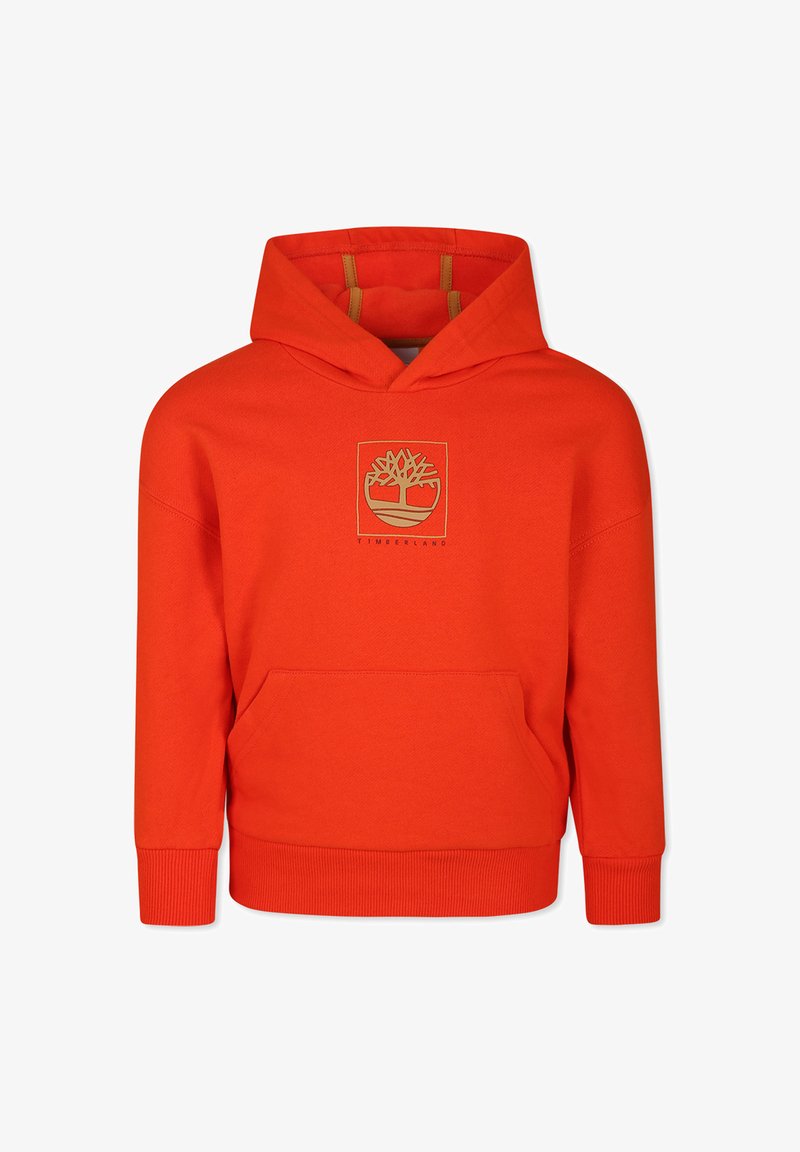 Felpa arancione brillante realizzata in tessuto morbido, con tasca a marsupio frontale, polsi a coste e una patch con design di un albero.