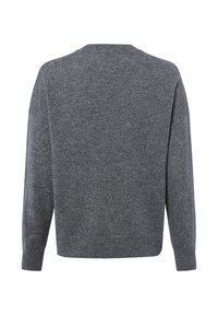 Crewneck-Pullover aus dunklem grauem Stoff, mit strukturiertem Strick, überschnittenen Schultern und gerippten Bündchen und Saum. Die Rückansicht zeigt ein schlichtes Design.