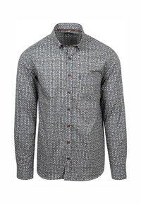 Long-sleeve shirt in grey fabric featuring a circular pattern in blue and white, button-down collar, and chest pocket with a small logo.