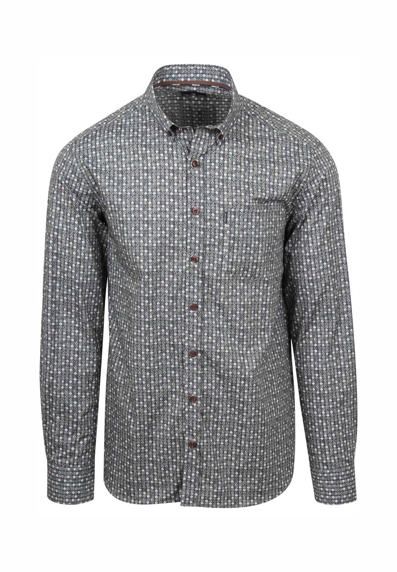 Long-sleeve shirt in grey fabric featuring a circular pattern in blue and white, button-down collar, and chest pocket with a small logo.
