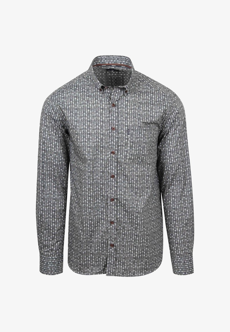 Long-sleeve shirt in grey fabric featuring a circular pattern in blue and white, button-down collar, and chest pocket with a small logo.