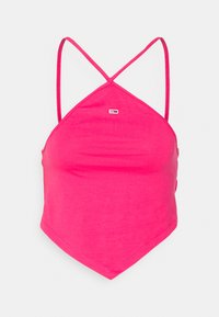 Różowy krótki top z trójkątnym wzorem. Posiada cienkie, krzyżujące się ramiączka oraz małą metkę logo na środku. Wykonany z miękkiego, elastycznego materiału.