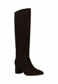 Botte en suède noire hauteur genou avec un bout pointu, un talon bloc et une texture lisse. Présente une couture discrète près de la cheville.