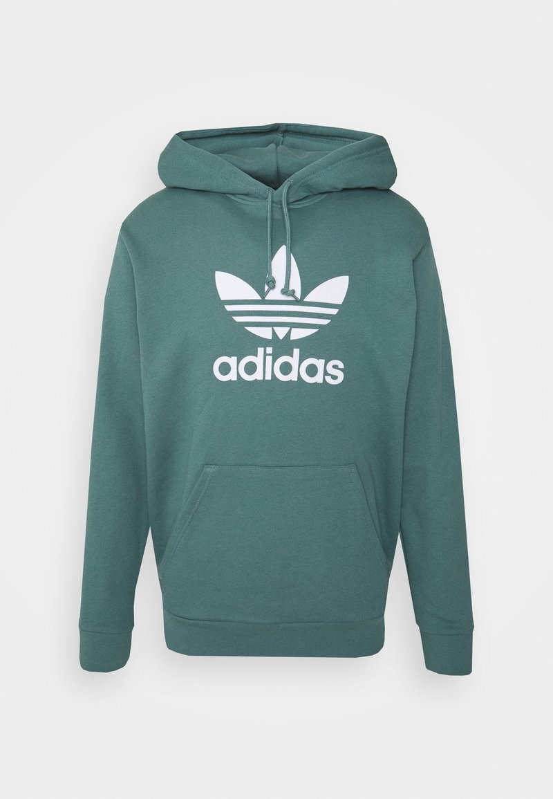 Mikina s kapucí v modrozelené látce, která má přední klokaní kapsu, žebrované manžety a lem a velké bílé logo Adidas se třemi pruhy.
